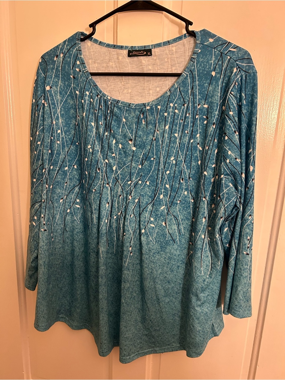 Charter Club Teal Long-Sleeve Scoop Neck Top with White Vine Print